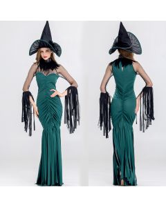  Witch costume green sexy mesh long dress