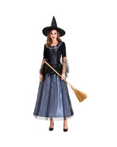 Witch dress lace mesh temperament blue and black long dress