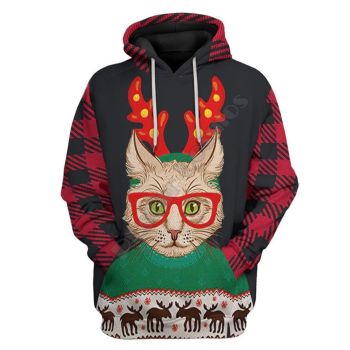  Cute Black Cat Deer Tree Bear Pattern Christmas Hoodie
