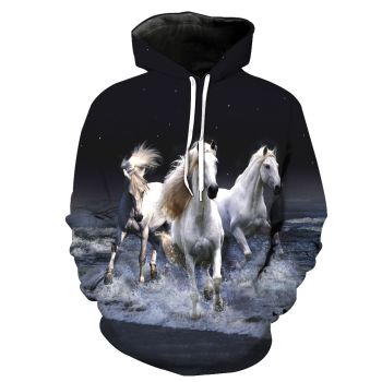  Loose Black Horse Pattern Animals Hoodie