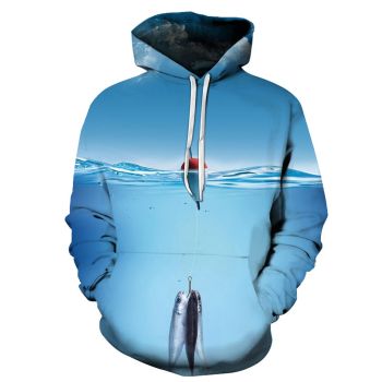 Oversize Blue Fishing Pattern Animals Hoodie