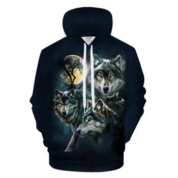 Vintage  And Loose Blue Wolf Pattern Animals Hoodie