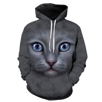 Vintage  And Loose Grey Cat Pattern Animals Hoodie