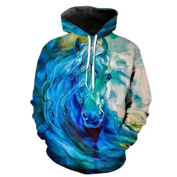 Popular And Vintage Blue Horse Pattern Animals Hoodie