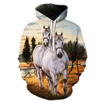  Vintage  White Horse Pattern Animals Hoodie