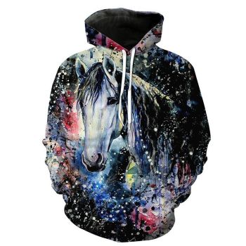Oversize Black Horse Pattern Animals Hoodie