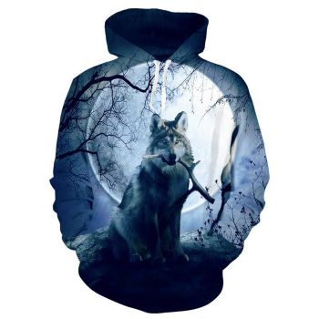 Oversize Blue Wolf Pattern Animals Hoodie