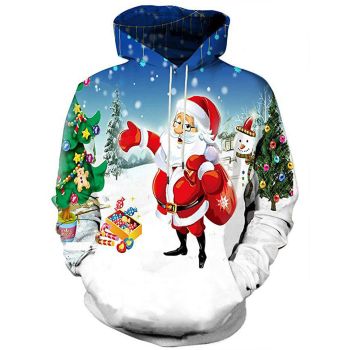 Cute White Blue Santa Claus Snow Tree Pattern Christmas Hoodie