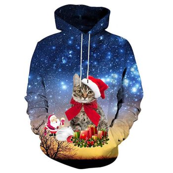 Oversize Blue Cat Pattern Christmas Hoodie