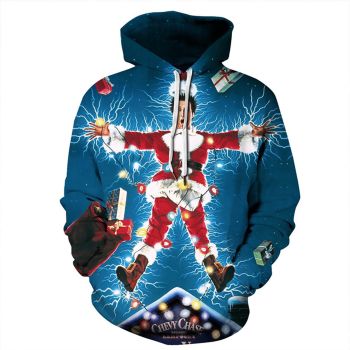 Cute And Loose Blue Red Santa Claus Pattern Christmas Hoodie