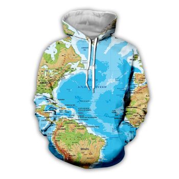 Loose Blue Map Pattern Earth Hoodie