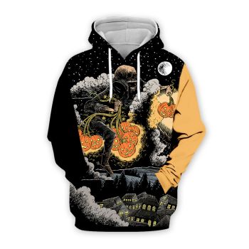 Pretty And Vintage  Black Orange Pumpkin Skull Pattern Halloween Hoodie