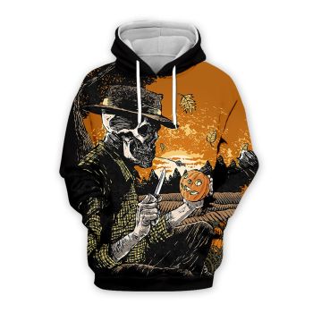 Precious And Gorgeous Black Orange Pumpkin Skull Pattern Halloween Hoodie