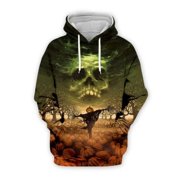 Street Style Green Orange Pumpkin Skull Pattern Halloween Hoodie