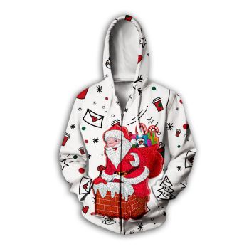 Oversize White Santa Claus Gift Box Pattern Christmas Zip-Up Hoodie