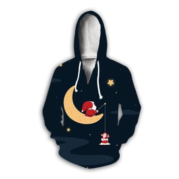 Gorgeous Blue Santa Claus Moon Pattern Christmas Zip-Up Hoodie