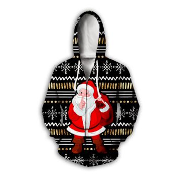 Loose Black Red Santa Claus Pattern Christmas Zip-Up Hoodie