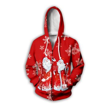 Vintage  Red Santa Claus Snow Pattern Christmas Zip-Up Hoodie