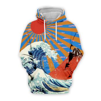 Loose And Fashion Blue Orange Wave Pattern Wave Hoodie