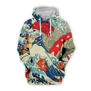 Vintage  And Loose Blue Red Wave Pattern Wave Hoodie