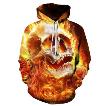  Yellow flame skull hooded loose sweatshirt 