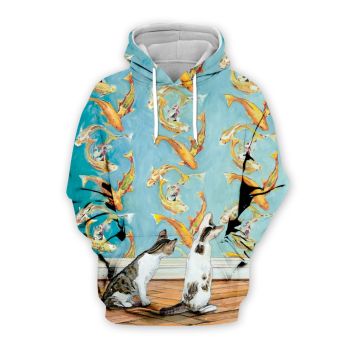 Vintage  Blue Cat Fish Pattern Animals Hoodie