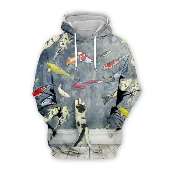 Fashion Blue Fish Cat Pattern Animals Hoodie