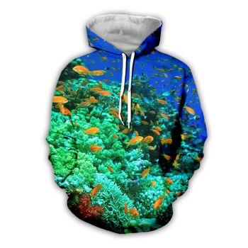 Vintage  Green Blue Fish Pattern Animals Hoodie