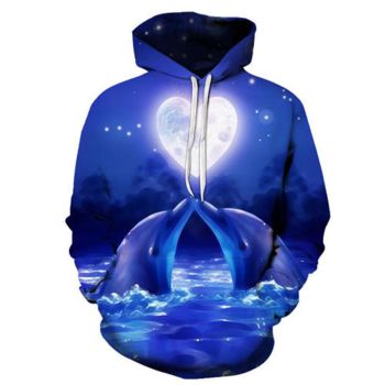 Oversize Blue Dolphin Pattern Animals Hoodie