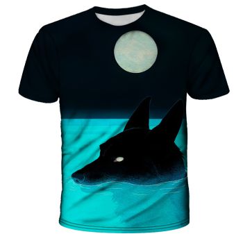  Cartoon moon black night wolf printed short sleeve 