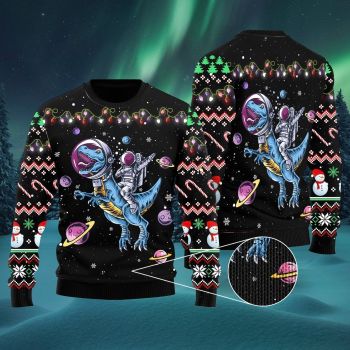 Funny Astronauts Ride A T-rex In Space With The Planet Ugly Christmas Sweater