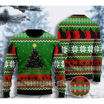 Black Cat Meowy Christmas Tree Ugly Christmas Sweater
