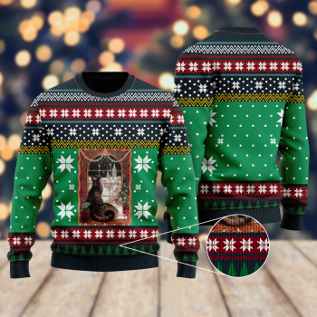 Cat Christmas Snow Window Ugly Christmas Sweater