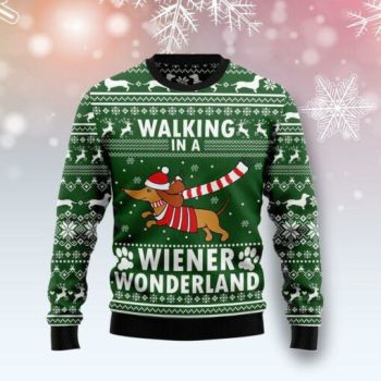 Dachshund Dog Walking In A Wiener Wonderland Ugly Christmas Sweater, All Over Print Sweatshirt