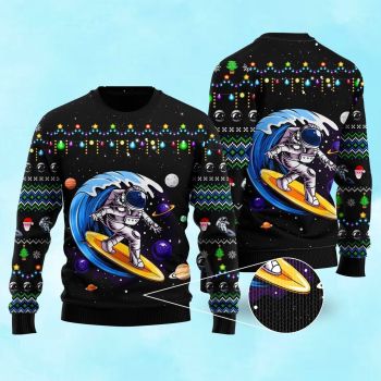 Astronauts Surf On A Surfboard In Space Ugly Christmas Sweater,Christmas Ugly Sweater