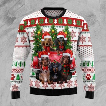 Dachshund Red Truck Ugly Christmas Sweater, All Over Print Sweatshirt