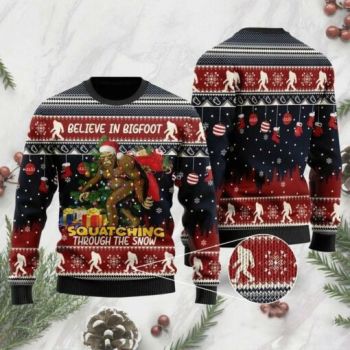 Believe In Bigfoot Squatching Through The Snow Ugly Christmas Sweater