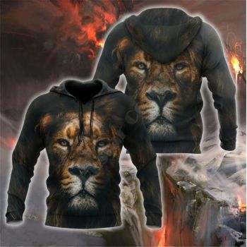 Vintage  And Loose Brown Lion Pattern Animals Hoodie