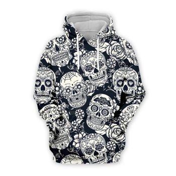 Loose Black White Skull Pattern Halloween Hoodie