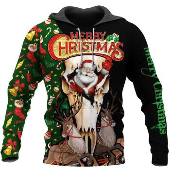 Loose Black Green Santa Claus Deer Pattern Christmas Hoodie