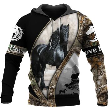Oversize Black Horse Pattern Animals Hoodie