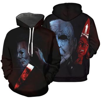  Cute And Loose Black Horror Characters Knives Pattern Halloween Hoodie