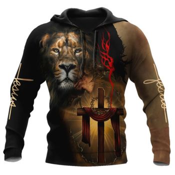  Vintage  Brown Crosses Lion Pattern Jesus Hoodie