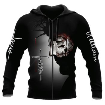 Vintage  Black Headshot Pattern Jesus Zip-Up Hoodie