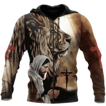  Precious And Gorgeous Brown Crosses Lion Pattern Jesus Zip-Up Hoodie