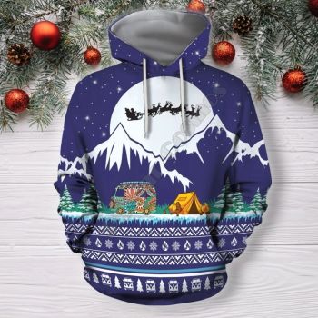 Cute And Loose Blue Snow Car House Pattern Christmas Hoodie