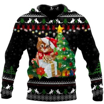 Temperament Black Cat Tree Gift Box Pattern Christmas Hoodie