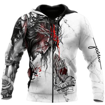  Classical  White Crosses Fingers Headshot Pattern Jesus Zip-Up Hoodie