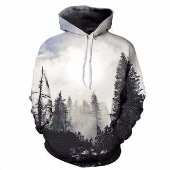Vintage  And Loose White Black Tree Pattern Scenery Hoodie