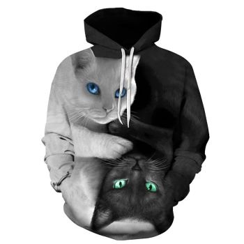 Oversize Black White Cat Pattern Animals Hoodie